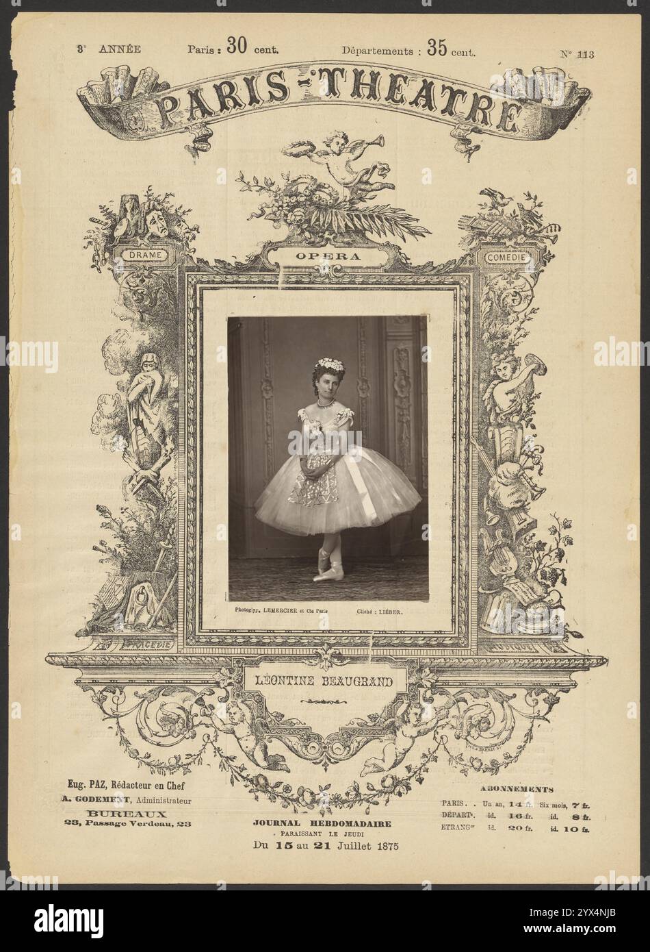Théâtre de Paris : Leontine Beaugrand, 1875. Dépliant publicitaire pour le Théâtre de Paris, mettant en scène un portrait de Léontine Beaugrand, habillée en ballerine. Banque D'Images