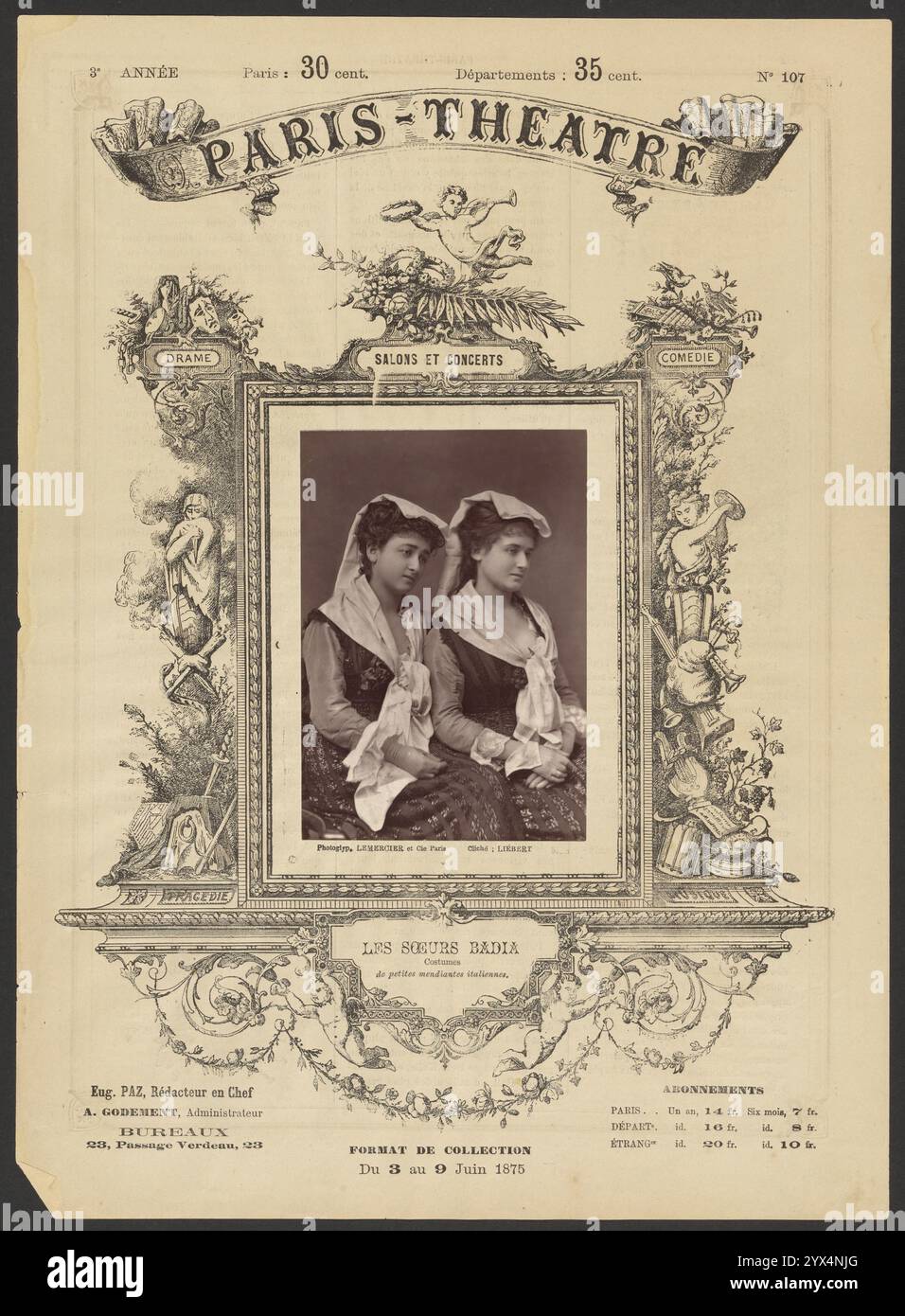 Théâtre de Paris : les Soeurs Badia, 1875. Dépliant publicitaire pour le Théâtre de Paris, mettant en scène un portrait des Soeurs Badia, deux sœurs vêtues de robes à paillettes. Les sœurs portent des chiffons sur la tête et enroulées autour de leurs épaules comme des châles. Banque D'Images
