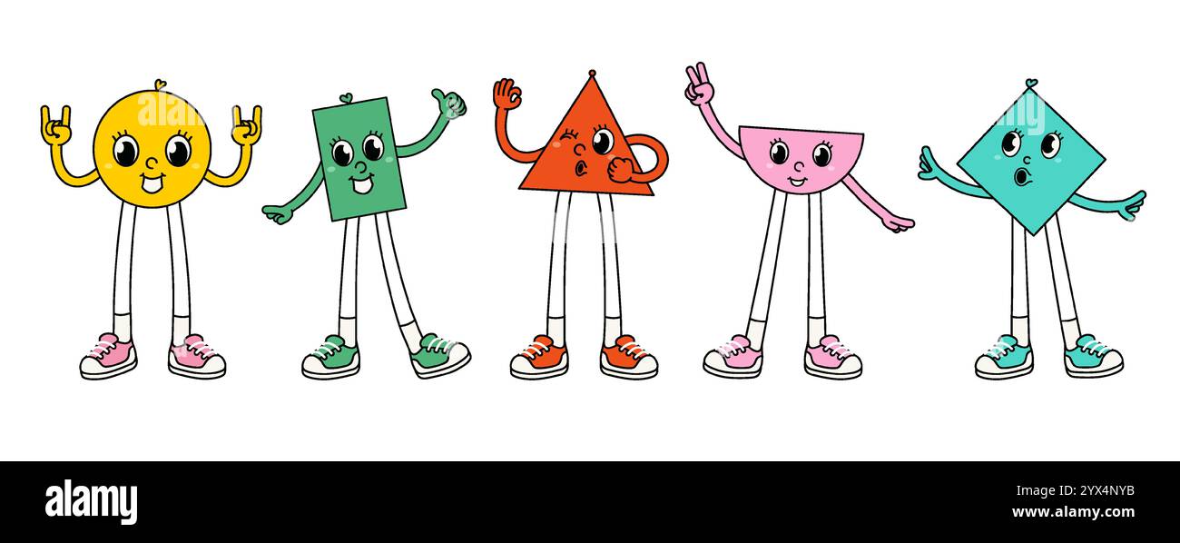 Personnages géométriques mignons avec des expressions faciales drôles. Visages de dessins animés avec des gestes drôles de main et de pied. Illustration de Vecteur