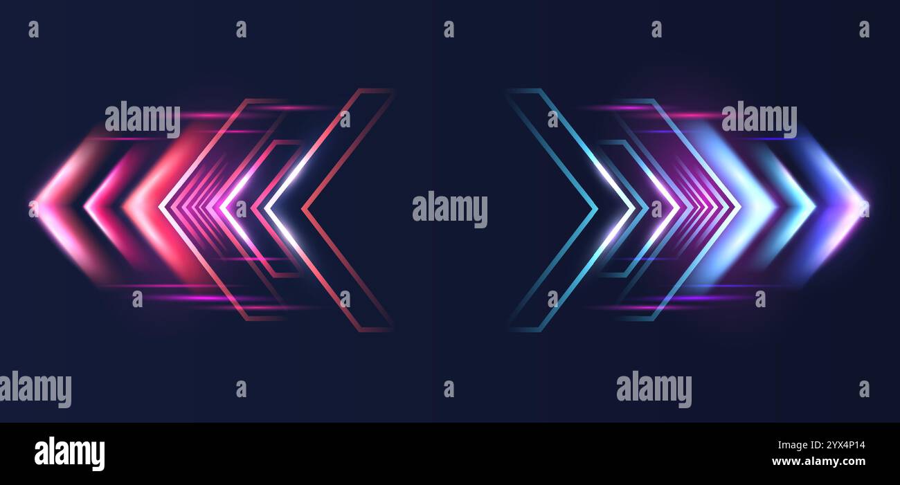 Visualisation du trafic Big Data avec des flèches lumineuses se déplaçant sur les côtés. Concept de mouvement de haute technologie, streaming de données à haute vitesse. Illustration de Vecteur