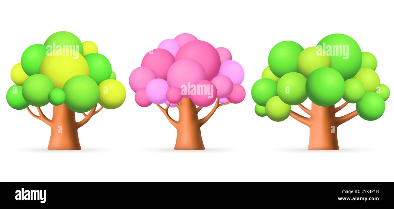 Vert 3D, arbres roses sur fond blanc. Ensemble de plantes forestières. Illustration de Vecteur