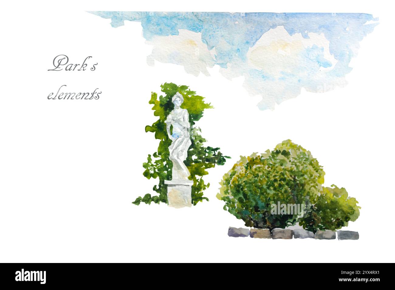 Éléments de conception de jardin d'aquarelle avec ciel bleu et nuages, verdure, sculpture antique de divinités romaines isolées sur fond blanc et texte Park's e Banque D'Images
