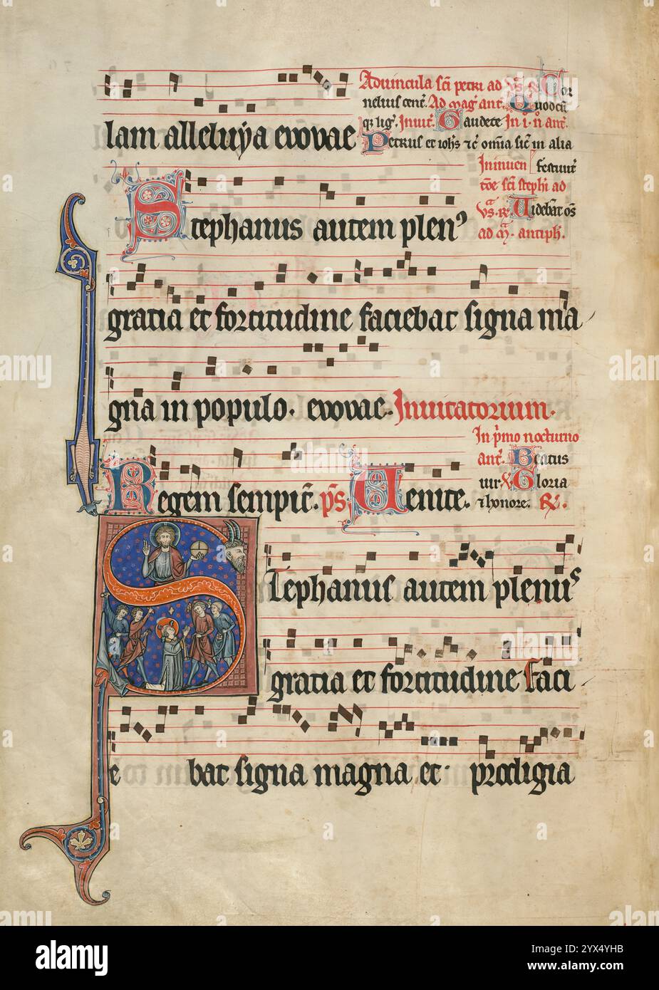 Initiale S : la lapidation de Saint-Étienne ; Antiphonal, vers 1260-1270. Banque D'Images Initiale S : la lapidation de Saint-Étienne ; Antiphonal, vers 1260-1270. Banque D'Images
