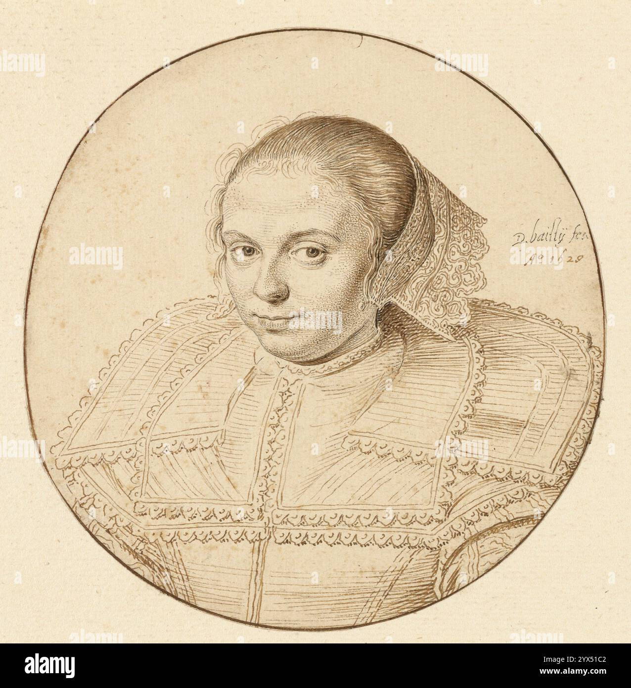Portrait d'une femme, 1629. Informations complémentaires : David Bailly a concentré sa technique méticuleuse sur les détails du visage de cette femme, qui ressort du costume rendu plus sketchily, donnant un effet presque tridimensionnel. Il a joué avec le format circulaire plus inhabituel, faisant écho à sa rondeur avec la tête, la casquette et le collier en dentelle rigide de la fille, et a ajouté de l'expression à ses yeux en grattant le papier pour créer des reflets blancs de ses élèves. Influencé par l'approche détendue du portrait qui s'est installée en Hollande vers le début des années 1600, Bailly a donné à la jeune fille des yeux expressifs, th Banque D'Images
