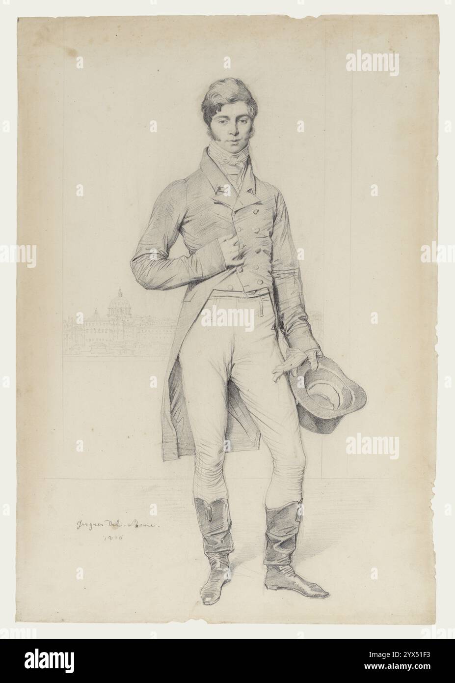 Portrait de Lord Grantham, 1816. Informations complémentaires : Thomas Robinson, troisième baron Grantham et plus tard comte de Grey, avait trente-cinq ans lorsque Jean-Auguste-Dominique Ingres dessina ce portrait raffiné. Ingres a choisi une pose qui combinait l'informalité de la jeunesse et l'assurance des origines aristocratiques de son sujet. Grantham, qui a commandé ce portrait lui-même, se dresse avec confiance face à une vue lointaine de la basilique Saint-Pierre, un site important pour les grands touristes et que Ingres inclut souvent dans les portraits. Ingres a fait ce dessin quand il était un jeune artiste en difficulté vivant à Rome, Banque D'Images