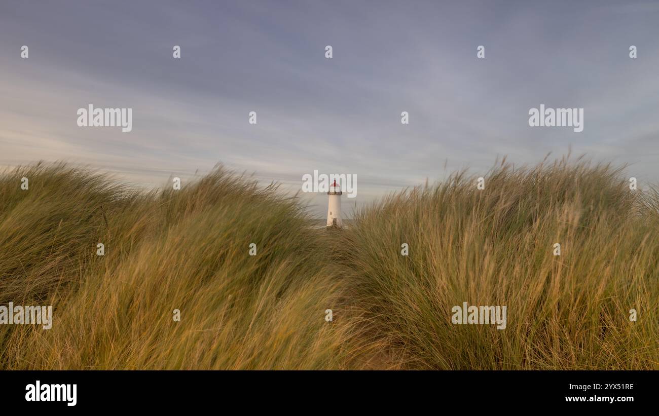 Phare de Point of Ayr, Flintshire, Pays de Galles du Nord. Phare encadré par des herbes côtières sur Talacre Beach à côté de la mer d'Irlande. Banque D'Images