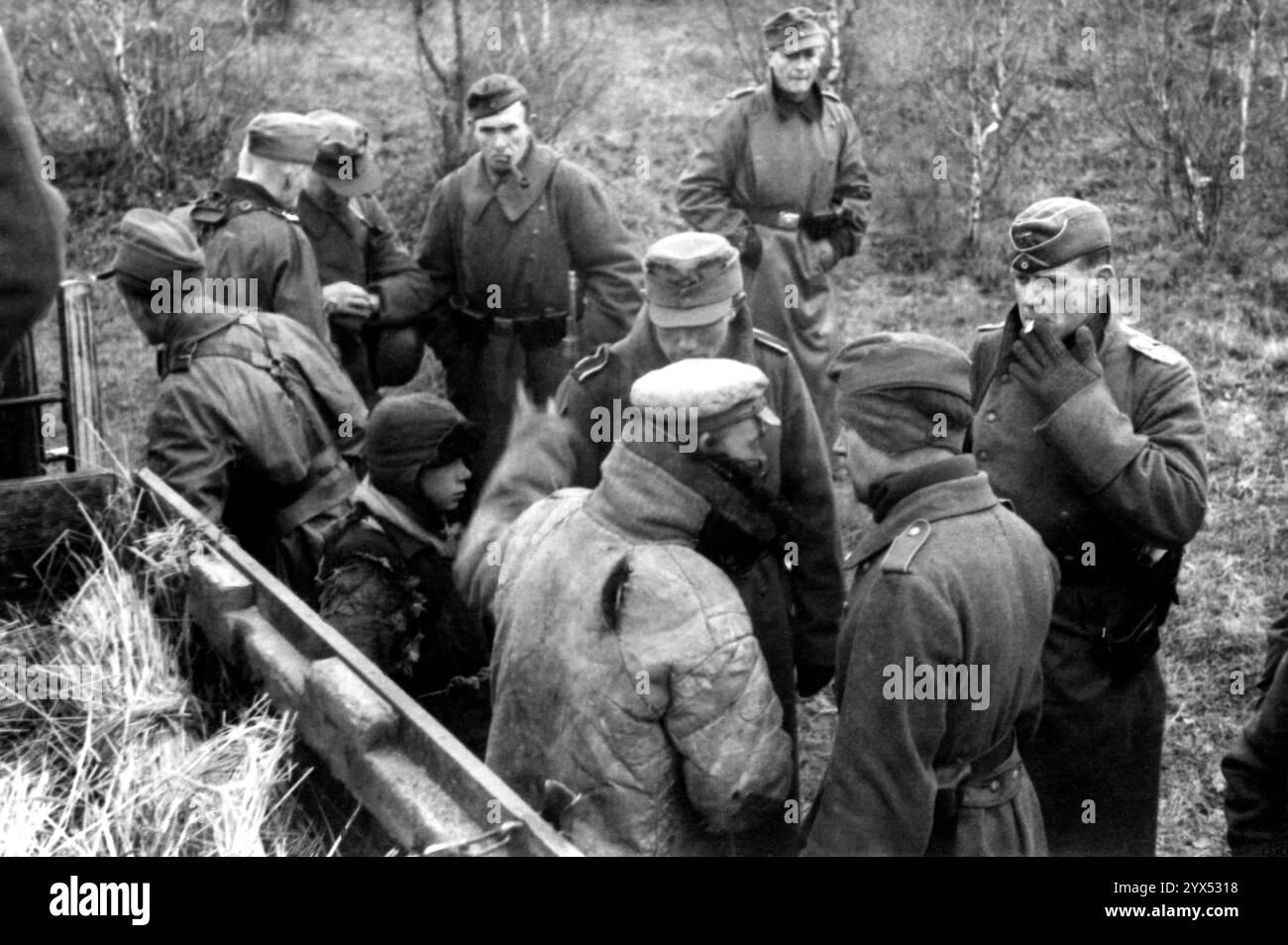 Russie, automne 1943 dans la région de Zosh : recherche ou chasse aux partisans russes. Des soldats allemands parlent à un russe et à son fils des événements dans la région. [traduction automatique] Banque D'Images