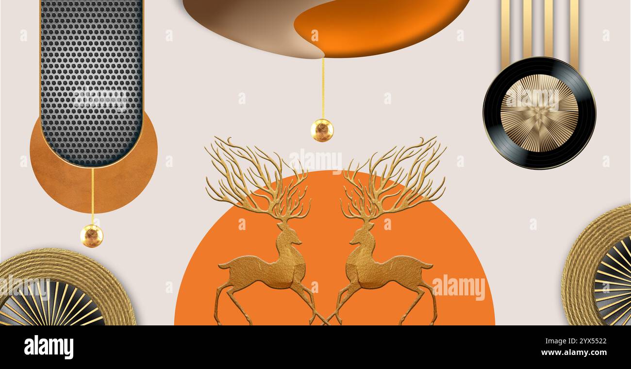 affiche d'art mural 3d classique et moderne. cerf, perle, feuilles de ginkgo et lignes brunes sur fond clair. motifs métalliques noirs Banque D'Images
