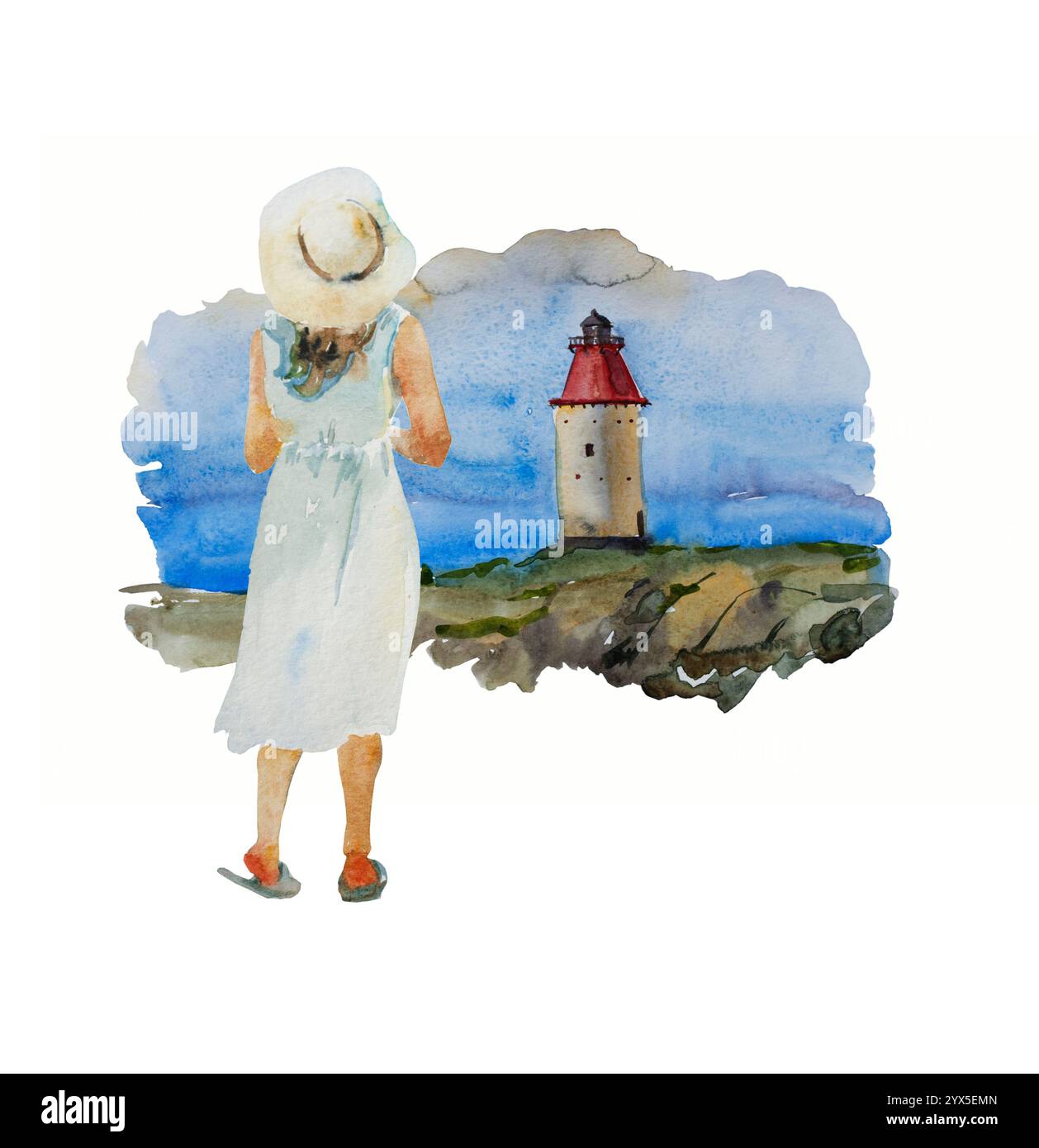 Paysage aquarelle avec fille en robe blanche, regardant sur le phare sur le bord de mer rocheux, voyage original et concept d'art de vacances isolé sur wh Banque D'Images