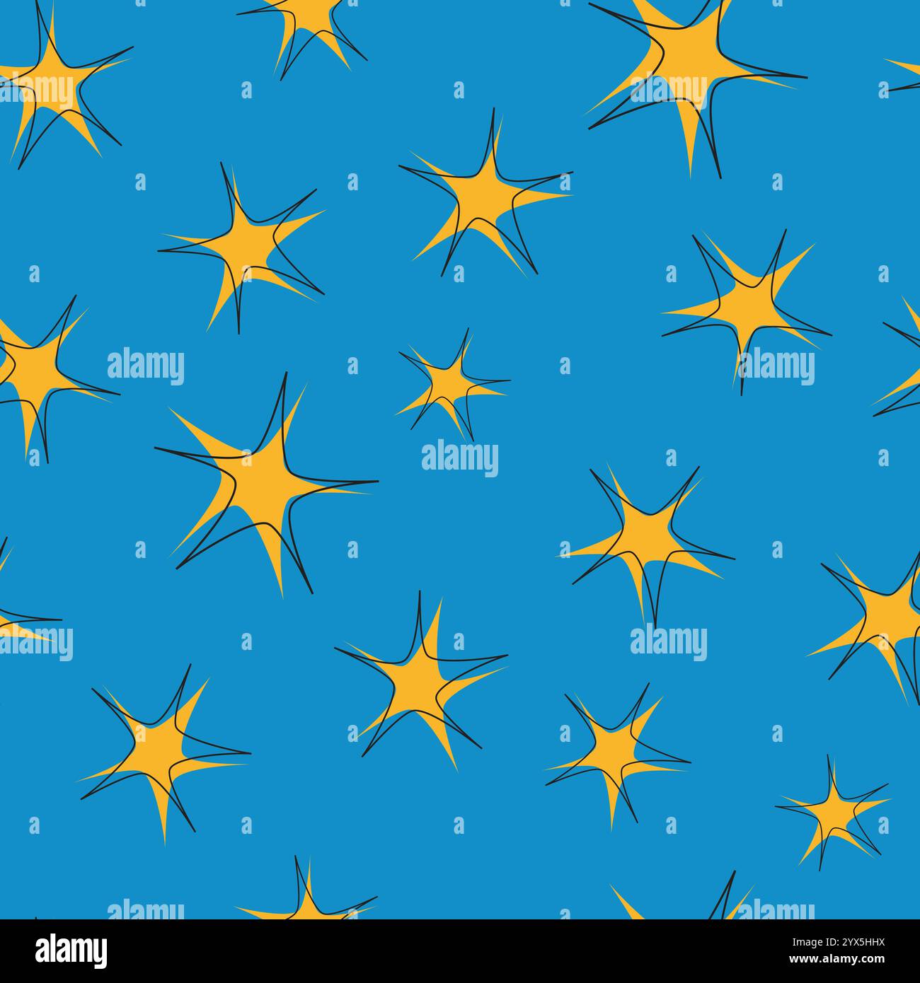 Modèle sans couture vintage avec des étoiles des années 50 et 60 avec des contours noirs sur fond bleu Illustration de Vecteur