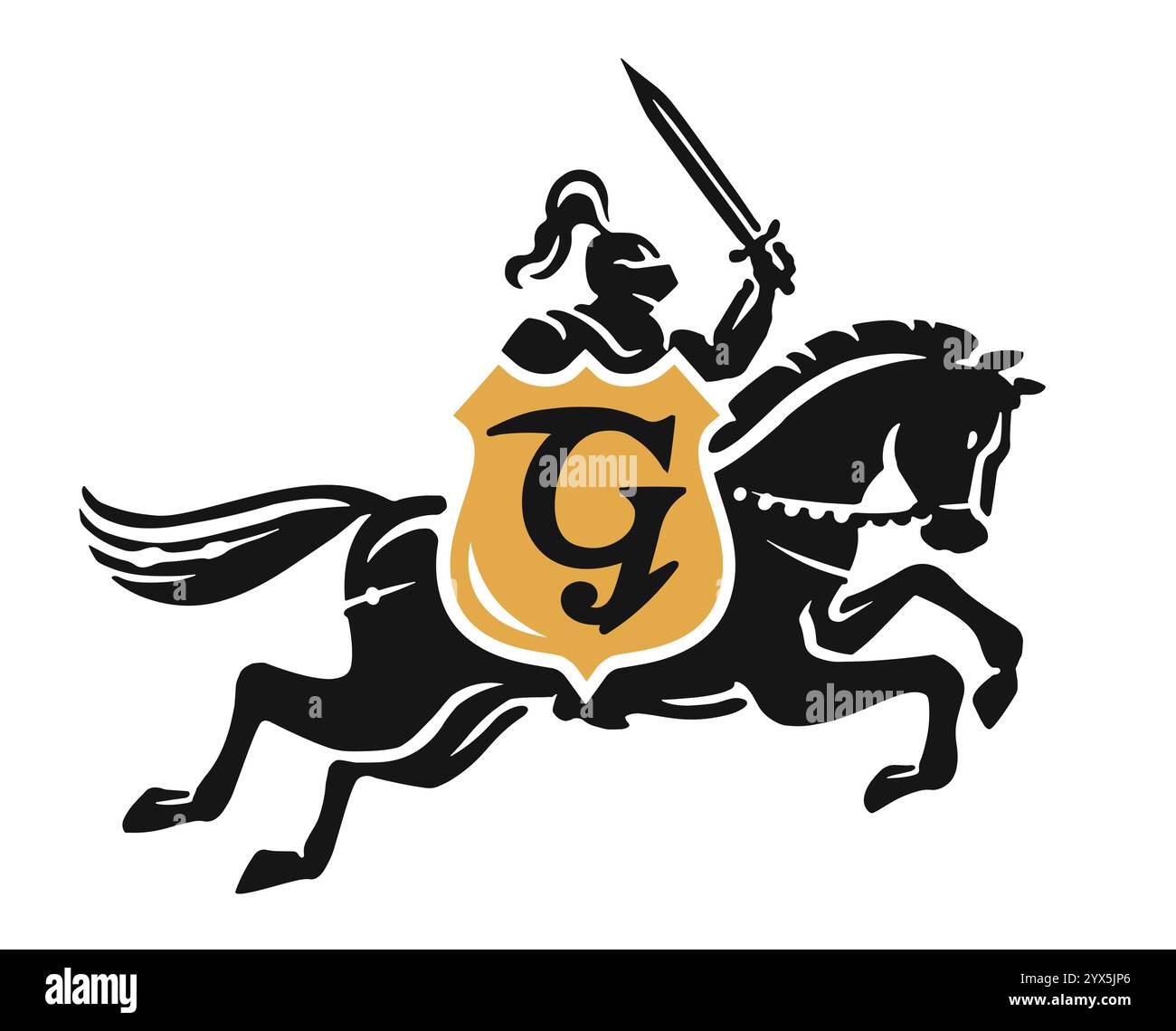 Chevalier en armure avec bouclier et épée à cheval. Marque logo Company. Sécurité, symbole de sécurité Illustration de Vecteur
