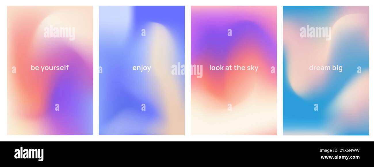 Ensemble d'affiches dégradés pastel. Flyers arc-en-ciel avec couleurs claires floues et citation motivante. Bannières avec des nuances de ciel bleu clair, jaune et rose Illustration de Vecteur