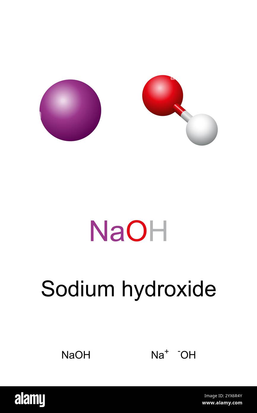 Hydroxyde de sodium, également connu sous le nom de soude caustique et soude caustique, NaOH, modèle de molécule et formule chimique. Composé inorganique, base hautement corrosive et alcali. Banque D'Images