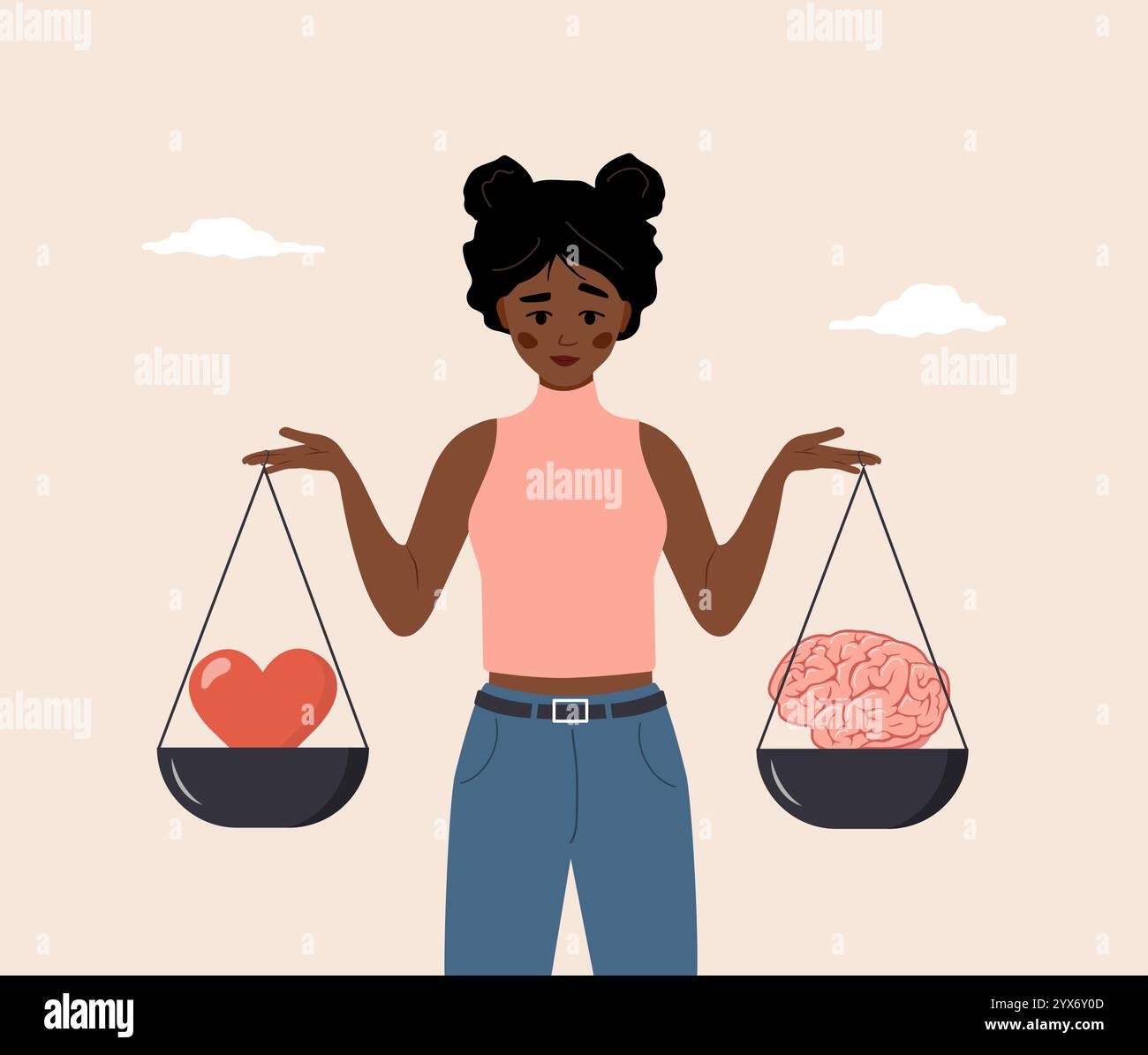 Équilibre du cœur et du cerveau. Choix rationnel raisonnable et émotionnel. Personnage féminin africain de dessin animé regardant le cerveau et le cœur sur la balançoire. Vecteur plat Illustration de Vecteur