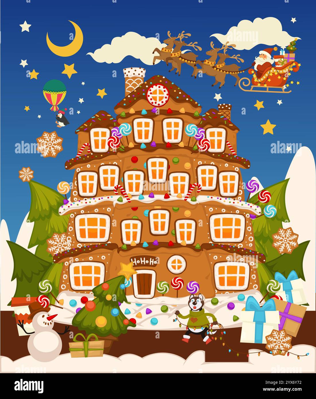 Scène festive de Noël maison en pain d'épices Illustration de Vecteur