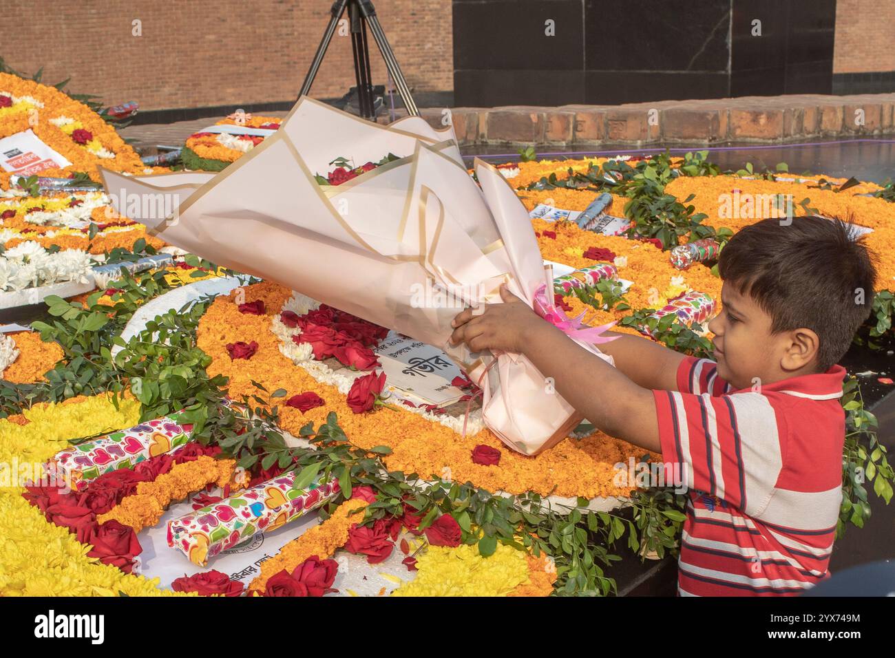 Dhaka, Bangladesh. 14 décembre 2024. Un garçon tient des fleurs pendant le mémorial intellectuel martyrisé. Le jour commémoratif des intellectuels martyrs, le Bangladesh commémore de nombreux intellectuels bengalis qui ont tragiquement perdu la vie pendant la guerre de libération du Bangladesh en 1971. Ces intellectuels ont été délibérément ciblés et brutalement tués dans l'ex-Pakistan oriental par l'armée pakistanaise et leurs alliés, pour saper la nation émergente en éradiquant ses individus talentueux et intellectuels. Crédit : SOPA images Limited/Alamy Live News Banque D'Images