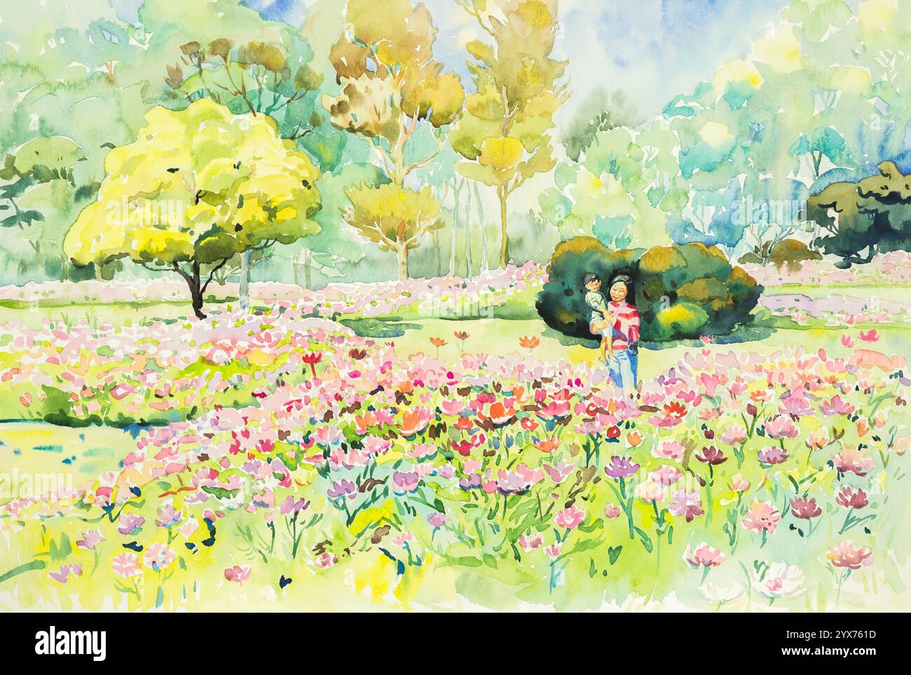 aquarelle peinture de paysage originale jaune, orange rouge et rose couleur de jardin de fleurs en vert et bleu fond Banque D'Images