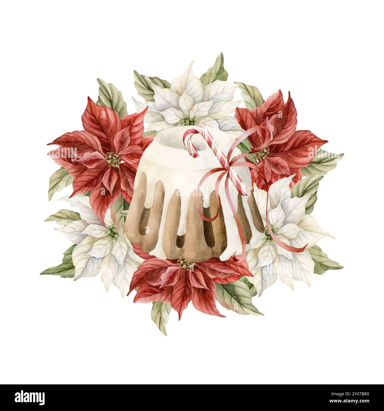 Gâteau de Noël avec fleurs de poinsettia, canne de bonbons et noeud de ruban rouge. Arrangement de vacances. Aquarelle peint à la main illustration florale de nourriture isolée Banque D'Images
