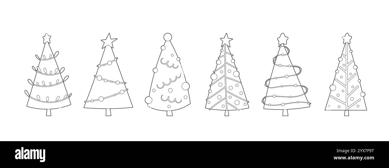 Jeu de lignes simples pour arbres de Noël. Sapin de contour de page à colorier décoré avec des étoiles, des lumières, des guirlandes, des ornements ronds. Présente des formes de pin symétriques, des styles variables linéaires propres de conceptions de vacances Illustration de Vecteur