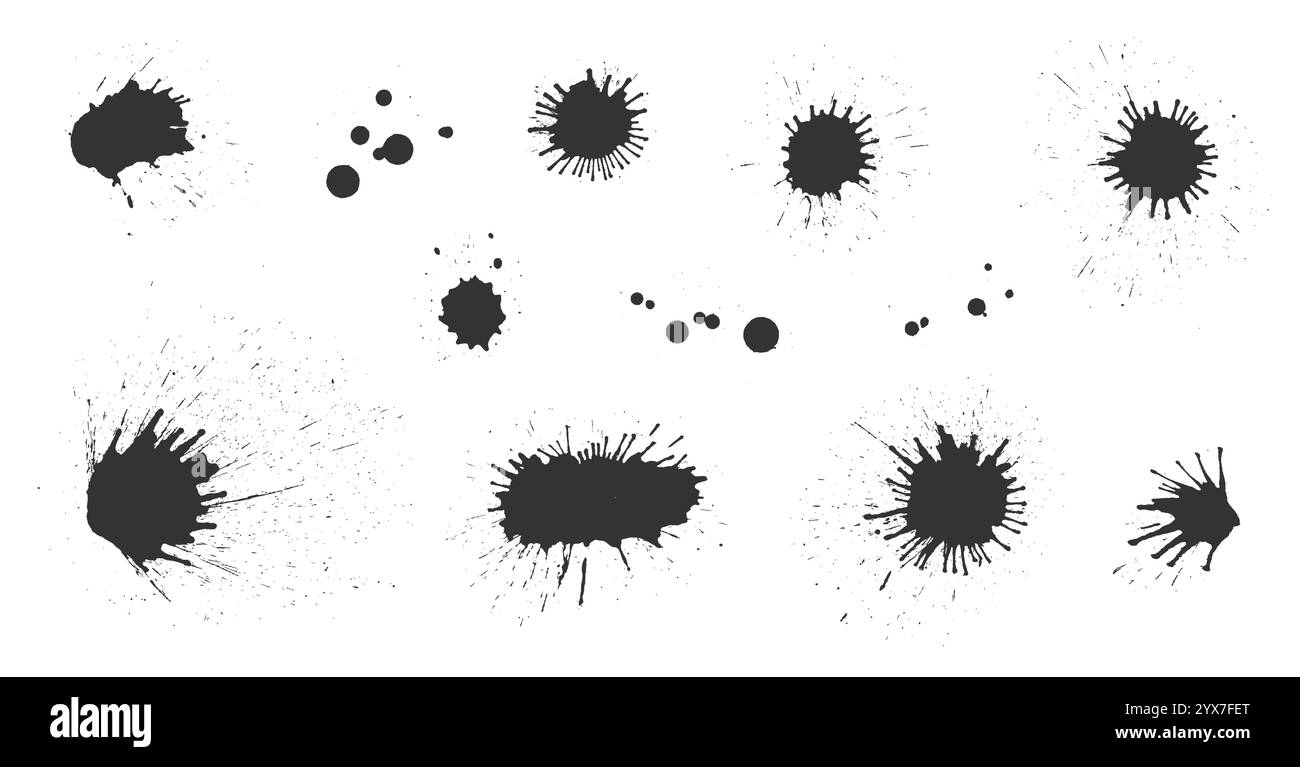 Jeu de projection de peinture noire. Différentes formes de gouttes d'encre dynamiques, taches, effets de pulvérisation. Design grunge pour affiches, bannières, compositions artistiques, arrière-plans abstraits ou projets créatifs Illustration de Vecteur