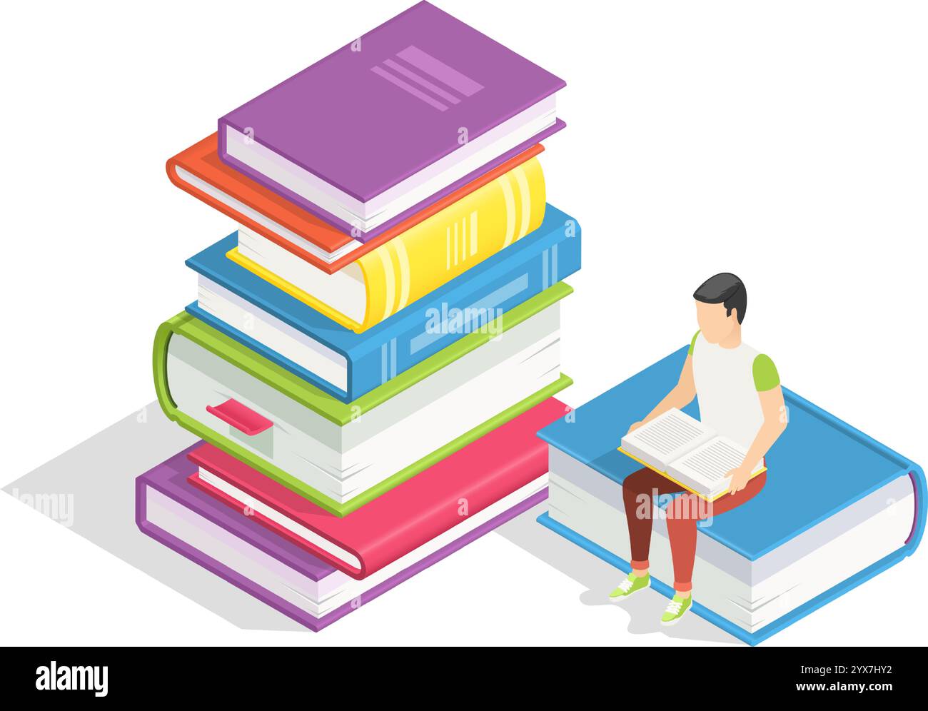 Illustration vectorielle isométrique représentant un étudiant engagé dans la lecture et l'étude sur un livre géant, entouré d'une pile de livres, symbolisant le jou Illustration de Vecteur