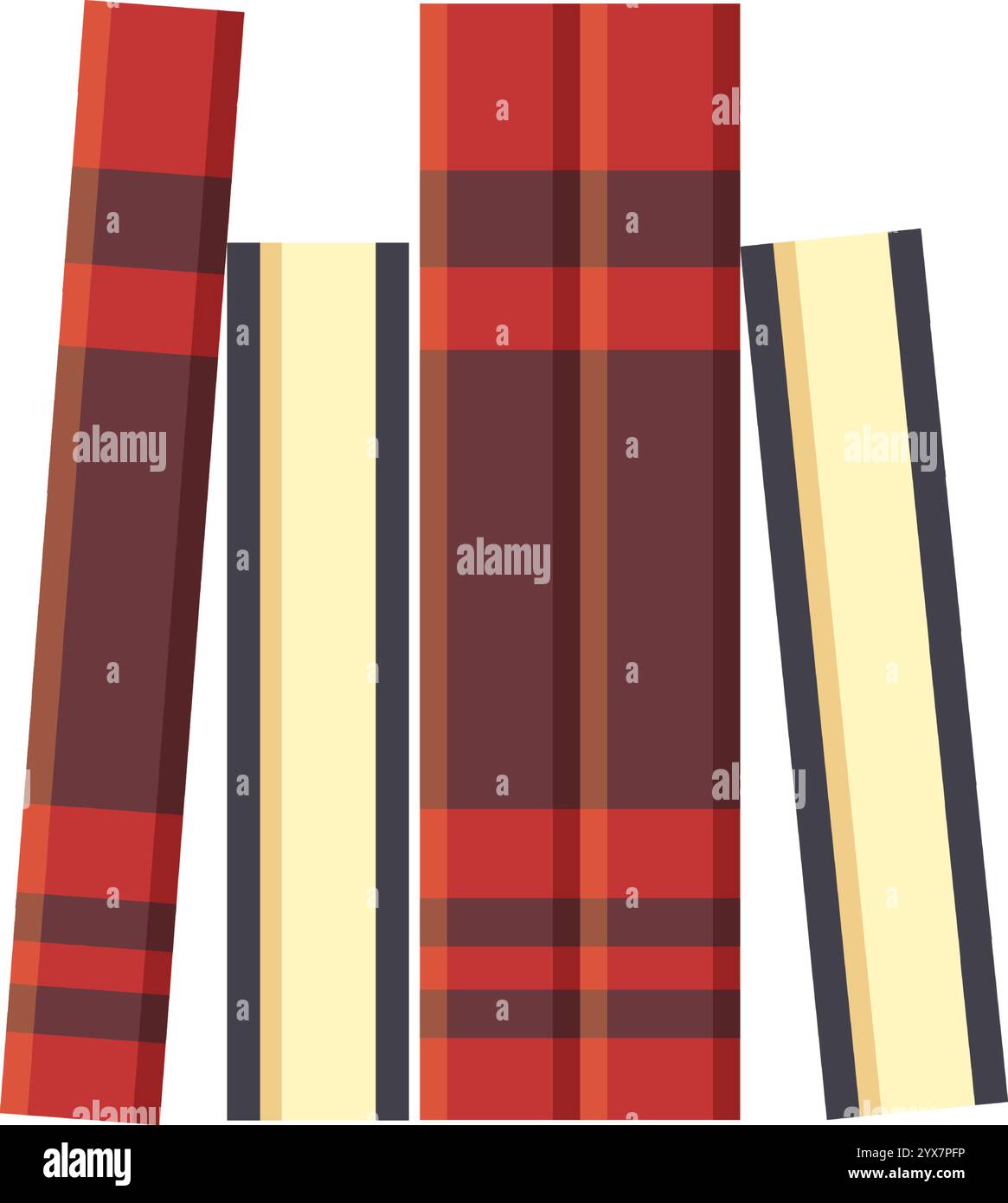 Quatre livres à couverture rigide se tiennent debout, présentant des couvertures colorées et à motifs, créant un arrangement visuellement attrayant qui célèbre la littérature et Illustration de Vecteur