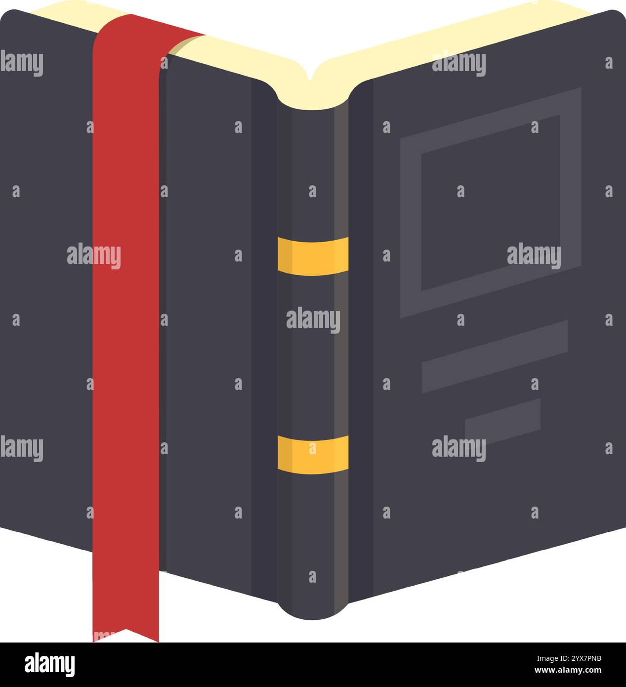 Livre noir ouvert avec un signet rouge et d'élégants détails dorés, servant d'icône isométrique représentant des thèmes de lecture, d'étude, de connaissance Illustration de Vecteur