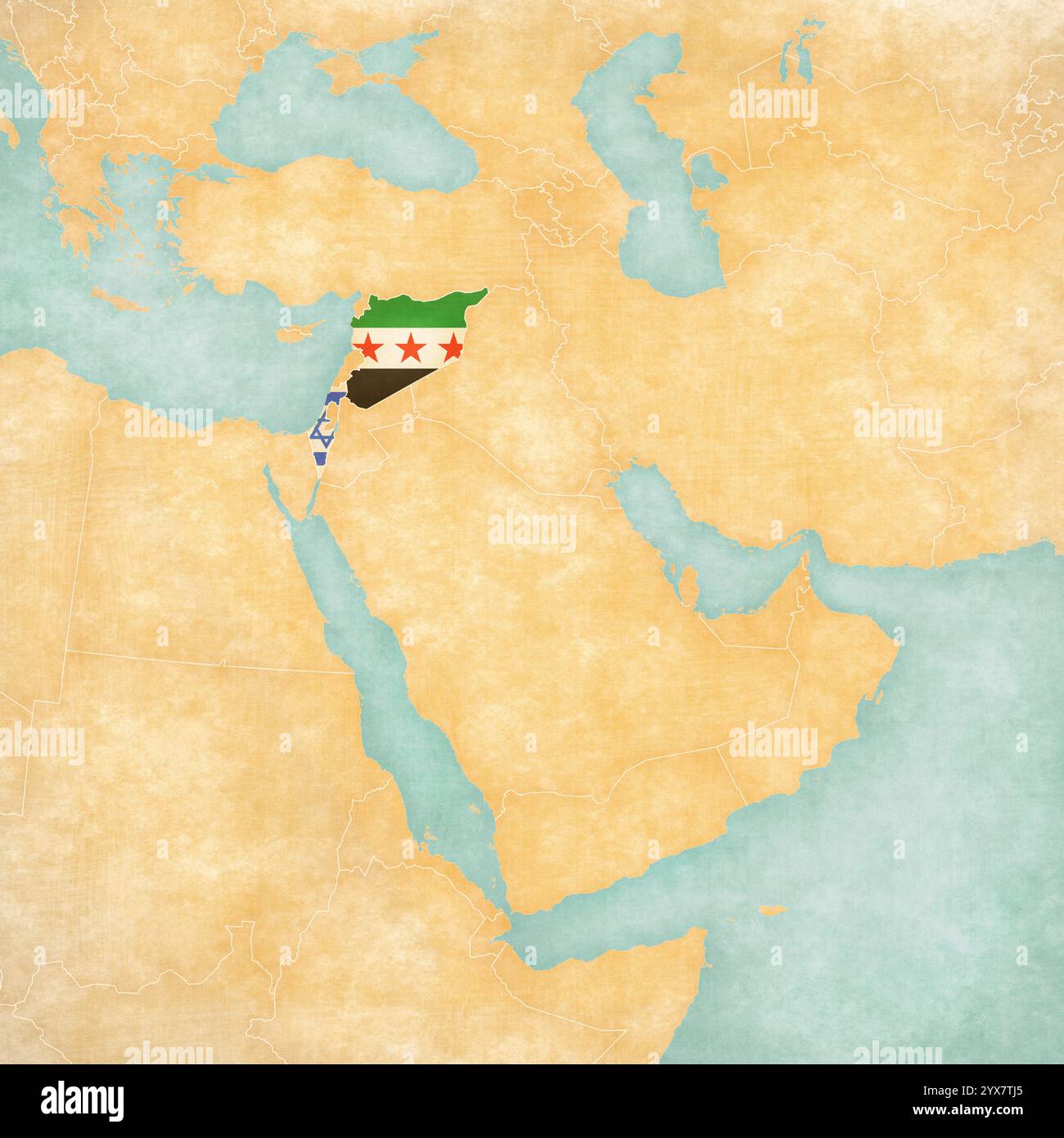 Syrie et Israël sur la carte du moyen-Orient (Asie occidentale) dans un style grunge doux et vintage, comme du vieux papier avec de la peinture à l'aquarelle. Banque D'Images