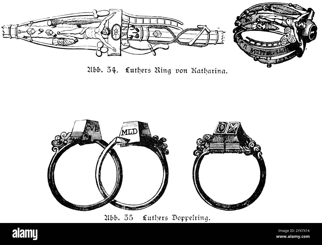 Mariage de Luther avec Katharina von Boren le 13 juin 1525, Luther reçoit une bague à l'image de la crucifixion de Jésus et des instruments de torture, Banque D'Images