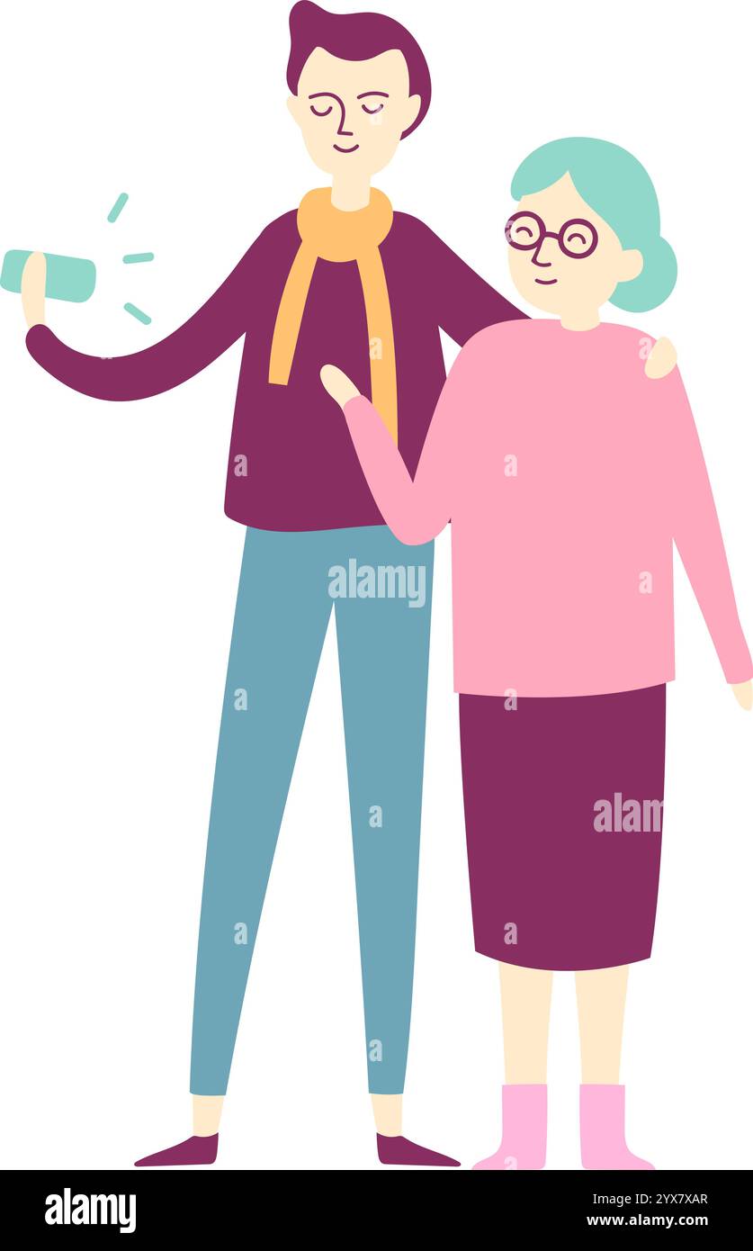 Jeune soignant montrant smartphone à une femme âgée avec le bras autour de son épaule, représentant le lien entre les générations et le partage de nouvelles Illustration de Vecteur