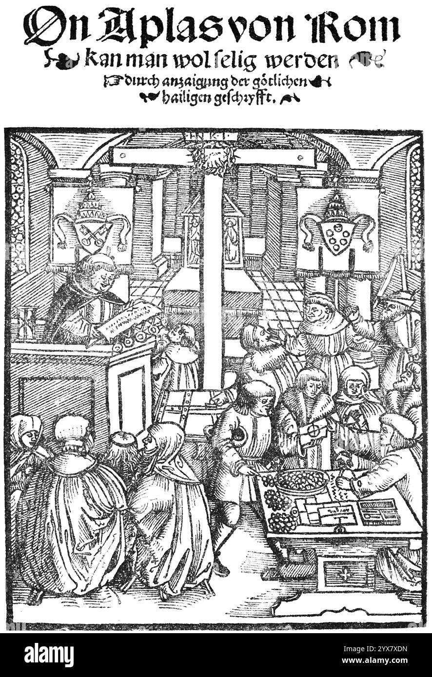 Fac-similé, page de titre d'un pamphlet des premiers jours de la réforme, représentation du commerce des indulgences de Rome, intérieur d'une église avec Banque D'Images