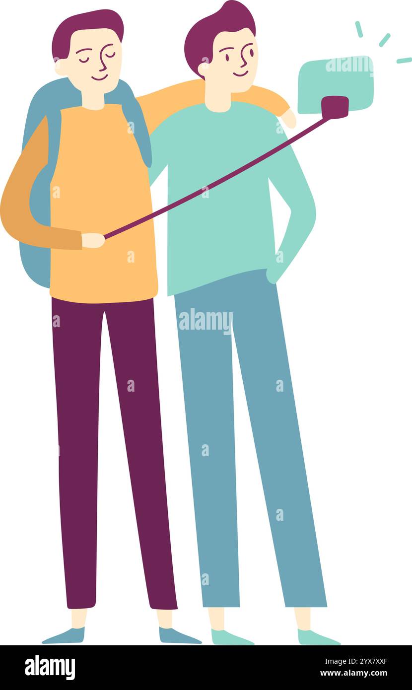 Deux joyeux touristes masculins, sacs à dos suspendus sur leurs épaules, capturant des souvenirs de voyage avec un bâton de selfie, rayonnant de bonheur et d'excitation Illustration de Vecteur