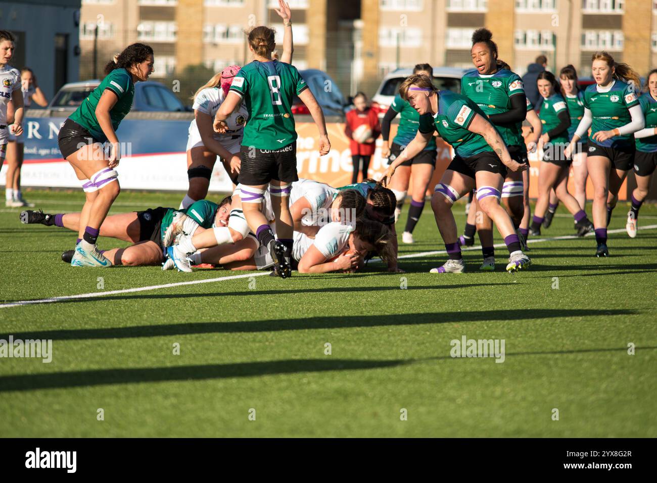 Londres, Royaume-Uni, 14 décembre 2024. Exeter Chiefs prop Hope Rogers marque le premier essai de son équipe dans leur victoire contre Ealing Trailfinders , Premiership Women's Rugby au Trailfinders Sports Club, Londres. Alex Williams / Alamy Live News Banque D'Images