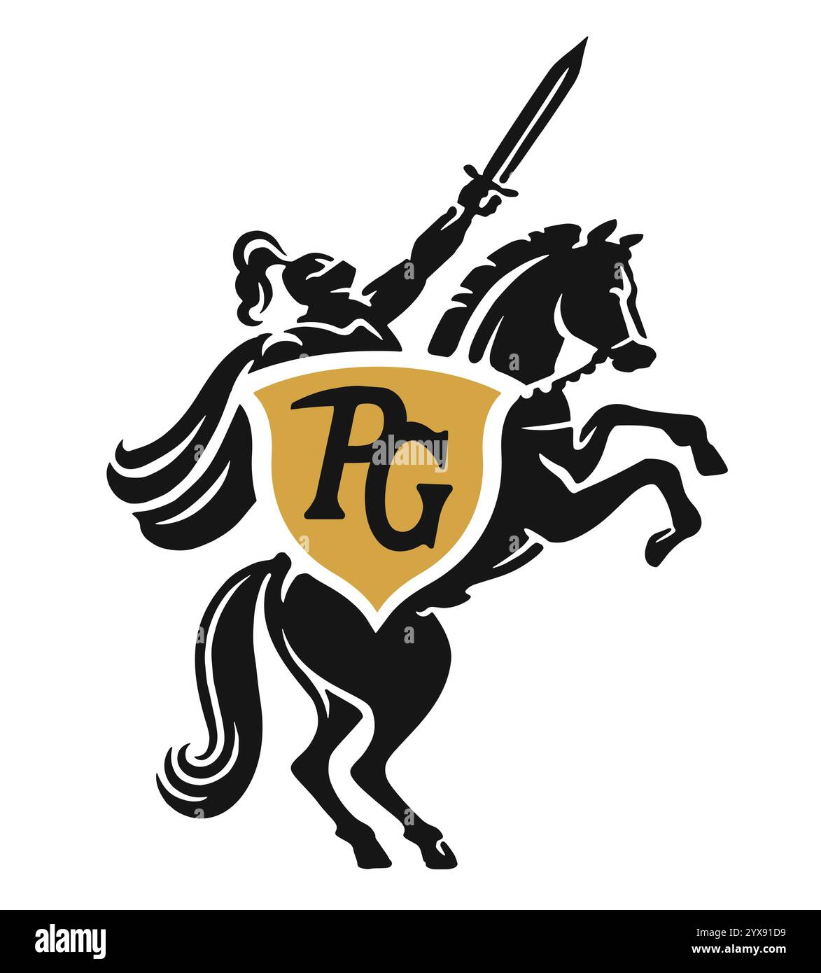 Chevalier en armure avec bouclier et épée sur cheval d'élevage. Marque logo Company. Sécurité, symbole de sécurité Illustration de Vecteur