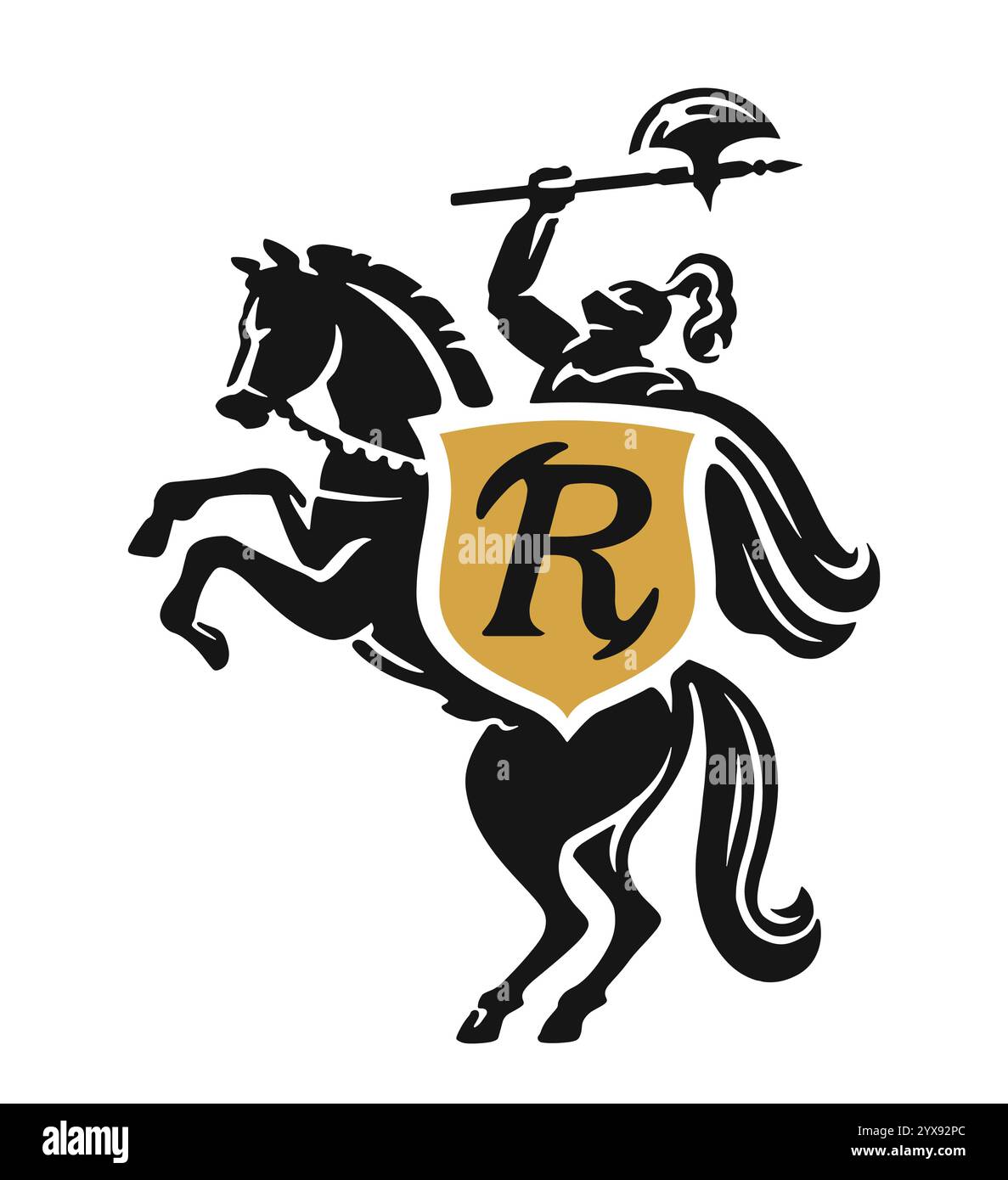 Chevalier en armure de combat et avec des armes sur cheval d'élevage. Emblème, illustration vectorielle de symbole Illustration de Vecteur