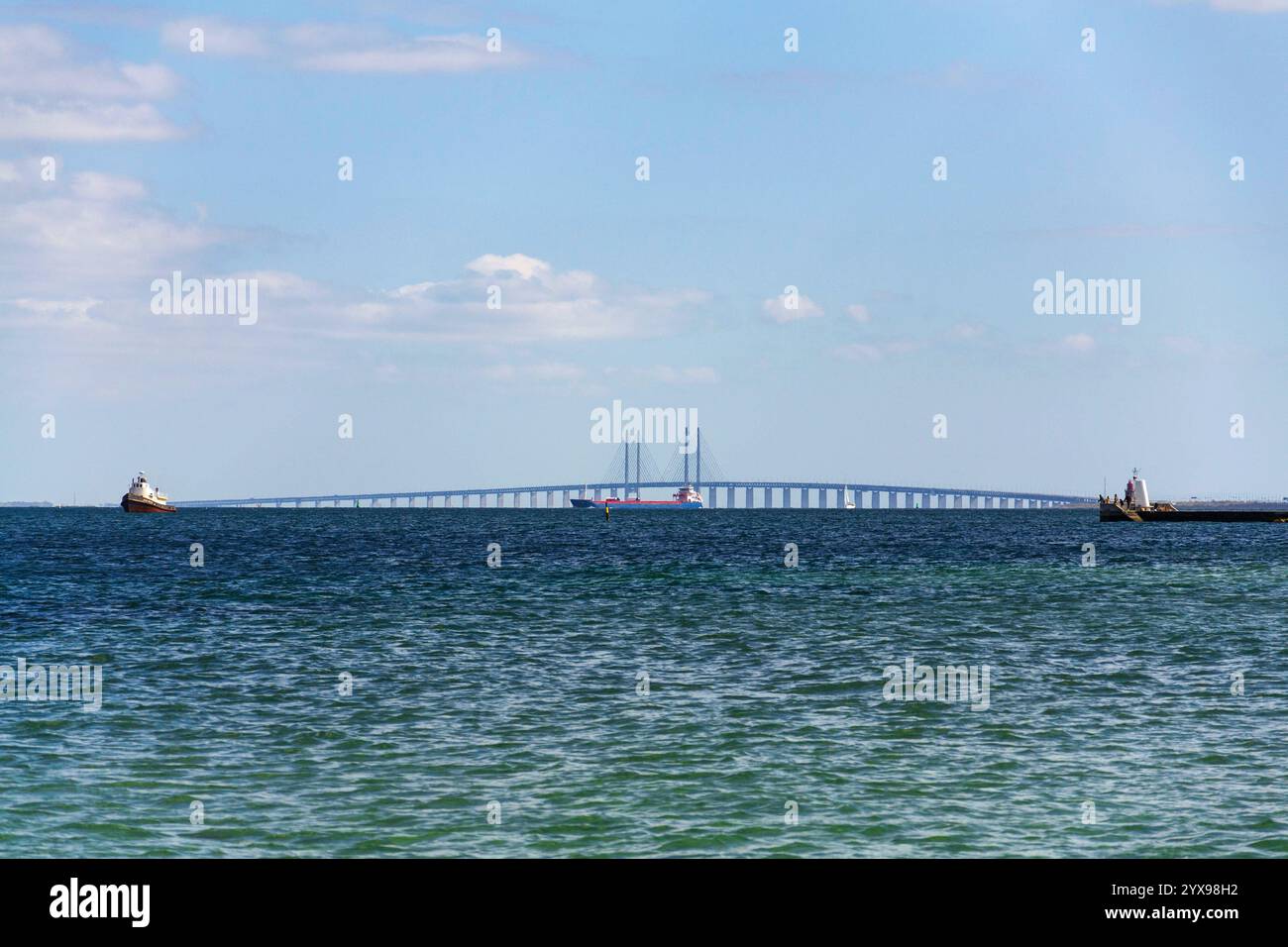 Pont d'Oresund vu depuis le parc de la plage d'Amager, Copenhague, Danemark, jour ensoleillé Banque D'Images