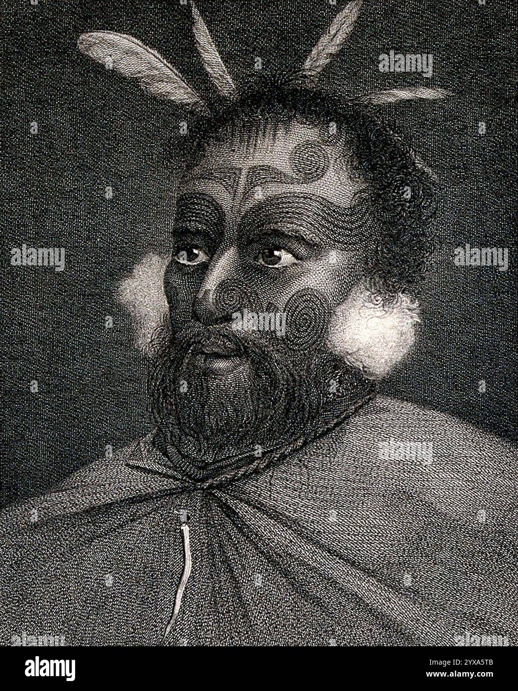 Portrait d'un maori tatoué sur le visage, rencontré par le capitaine Cook lors de son deuxième voyage de 1772 à 1775. Gravure de Michel, 1777, d'après William Hodges (1744-1797) Banque D'Images