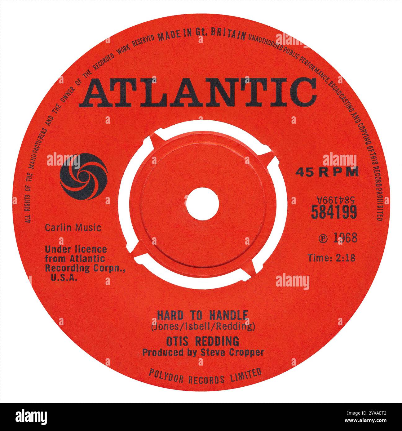 45 RPM 7' UK label de Hard to Handle par Otis Redding sur le label Atlantic à partir de juillet 1968. Écrit par Allen Jones, Al Bell et Otis Redding. Produit par Steve Cropper. Banque D'Images