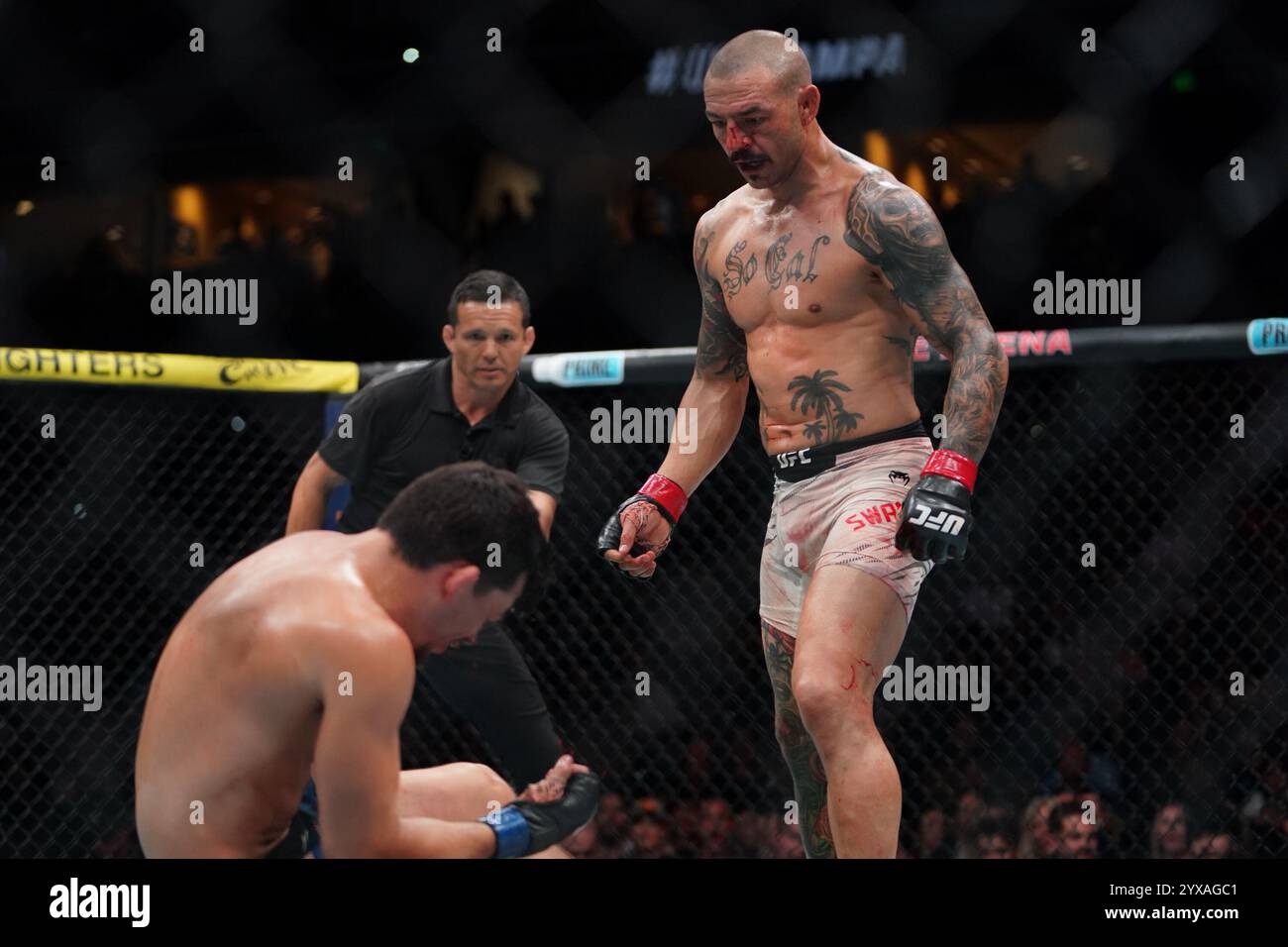 Tampa, Floride, États-Unis. 15 décembre 2024. TAMPA, FL -15 DÉCEMBRE : Cub Swanson et Billy Quarantillo se rencontrent dans l'octogone pour un combat de 3 tours de poids plume lors de l'UFC Fight Night - Covington vs Buckley à l'Amalie Arena le 15 décembre 2024 à Tampa, Floride (photo de Jordan Herald/PxImages) crédit : px images/Alamy Live News Banque D'Images