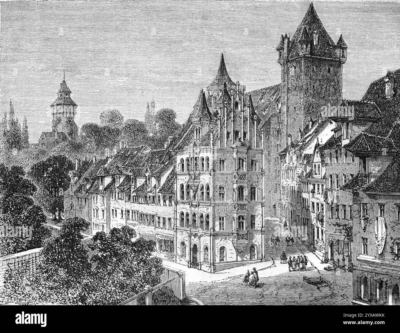 Vue historique de la vieille ville et Panierplatz ou place de la ville, avec le château de Nuremberg au loin, Nuremberg Bavière Allemagne. Gravure vintage ou historique ou illustration 1864 Banque D'Images