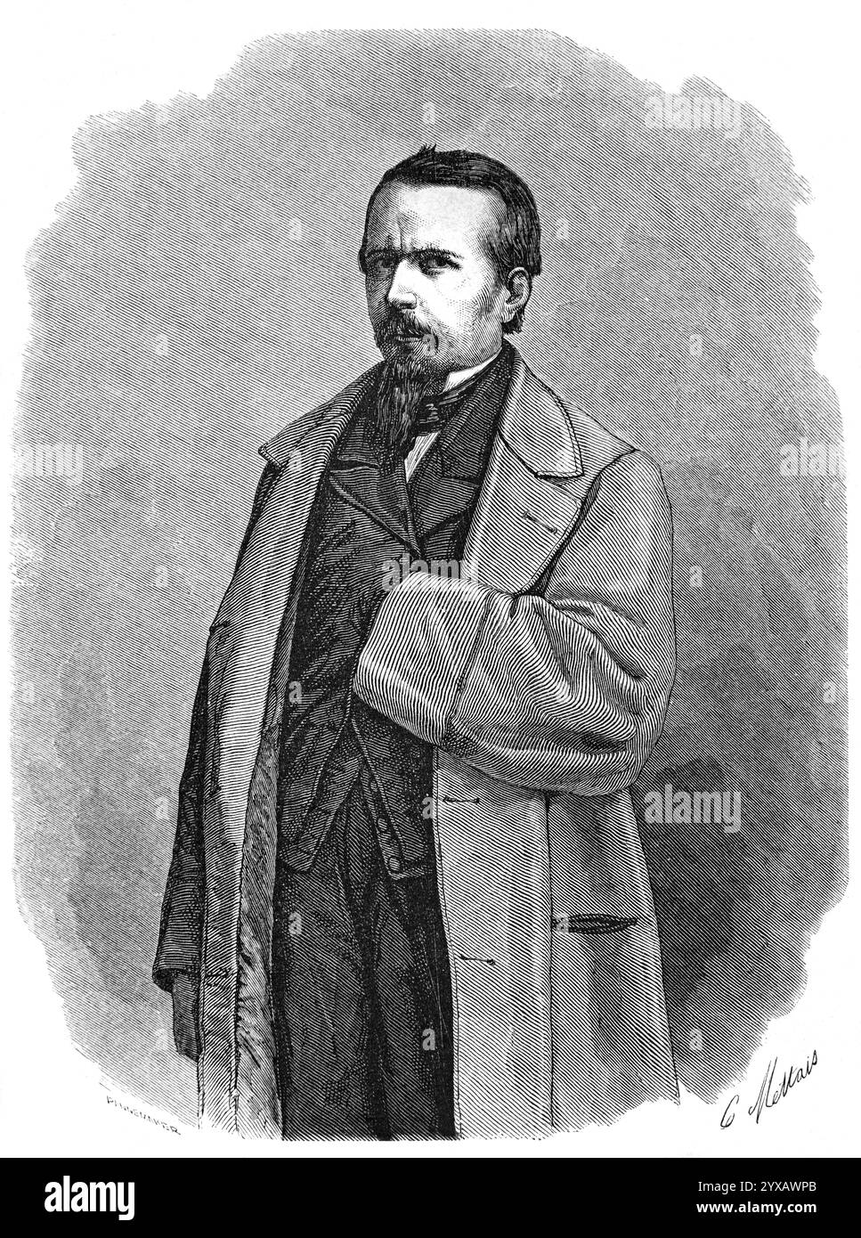 Portrait de trois quarts de long de Guillaume Lejean (1828-1871) Explorateur et ethnographe français. Gravure vintage ou historique ou illustration 1864 Banque D'Images