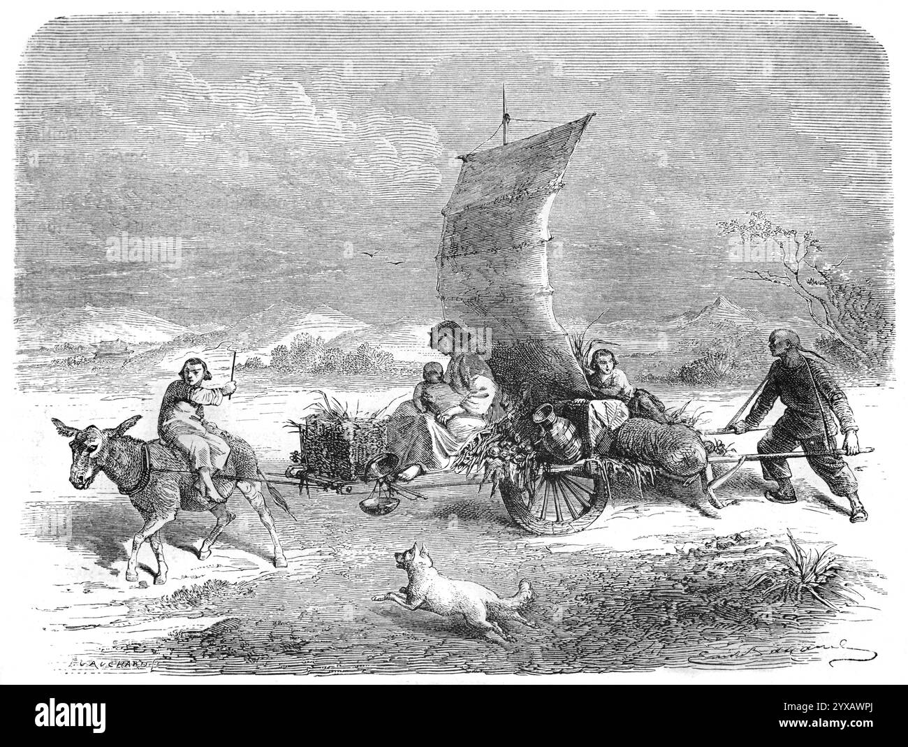 Brouette à roue unique ou à une roue à moteur éolien chinois, chariot en bois ou chariot équipé de voile et famille de paysans chinois en Chine. Gravure vintage ou historique ou illustration 1862 Banque D'Images