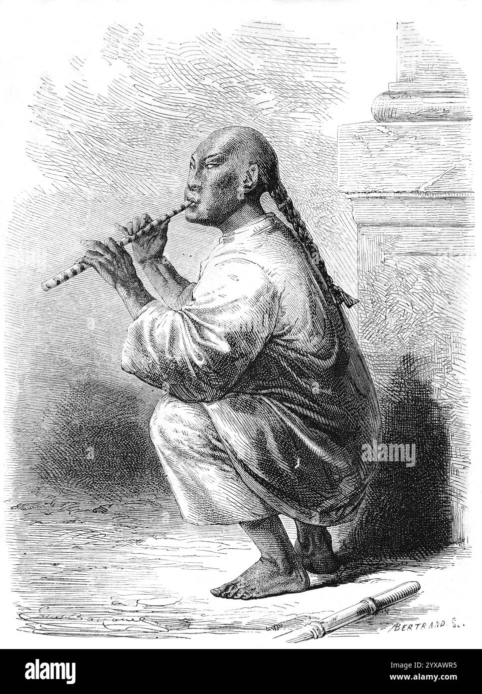Musicien chinois aveugle, avec tressé Chinese Pigtail connu une coiffure queue ou Cue, jouant de la flûte dans les rues de Tianjin Chine. Gravure vintage ou historique ou illustration 1864 Banque D'Images