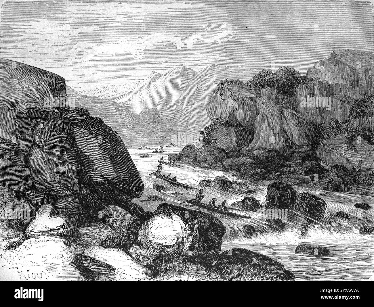 Les Indiens anti ou Antis descendent des rapides sur la rivière Chahuaris, probablement une partie du système fluvial Ucayali, au Pérou, en Amazonie, en Amérique du Sud. Anti est un nom inca pour le peuple indigène Ashaninka ou Ashaninca de la forêt amazonienne du Pérou et du Brésil en Amérique du Sud. Gravure vintage ou historique ou illustration 1864. Banque D'Images