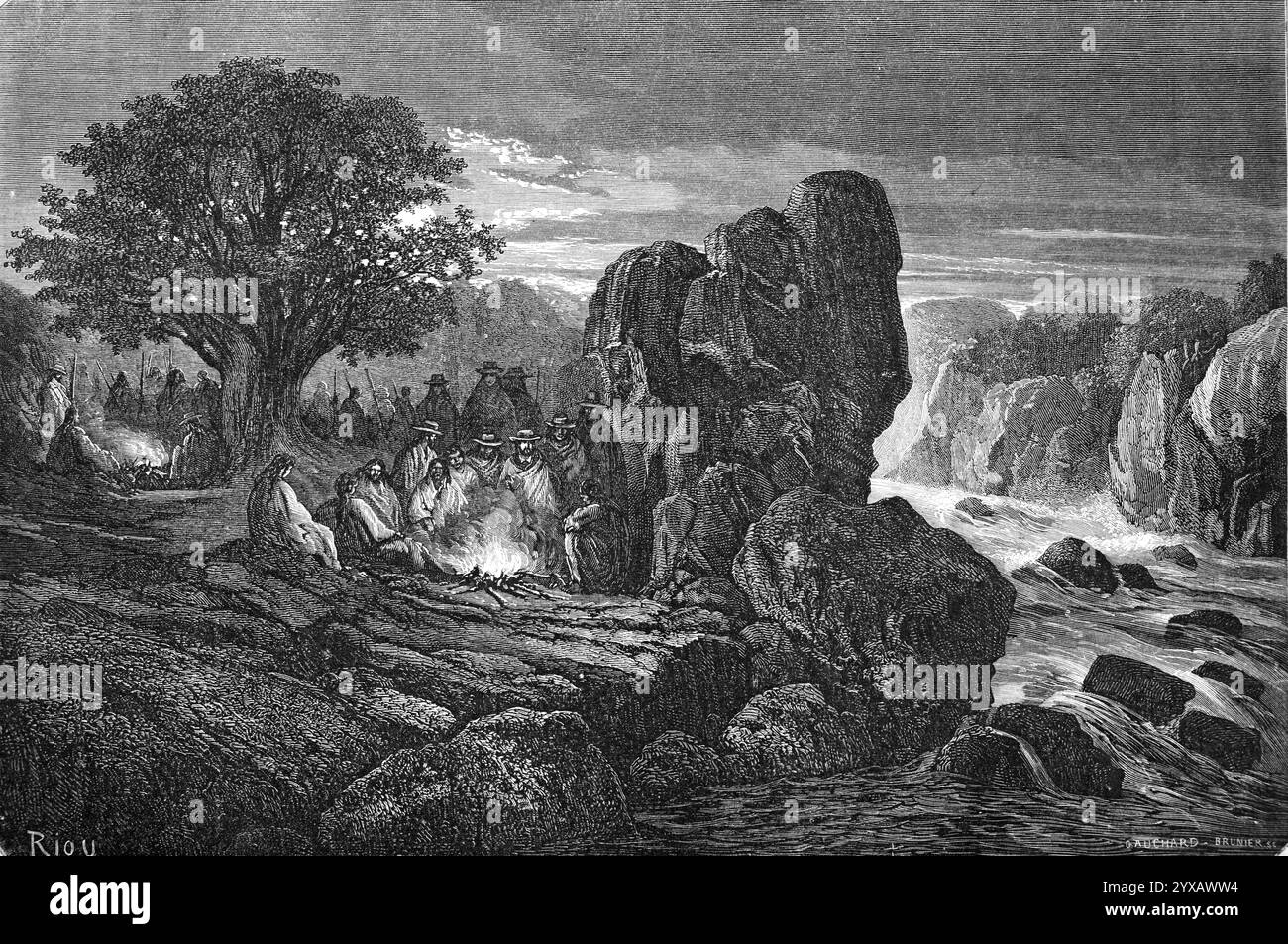 Camp des Indiens anti ou Antis à côté des rapides de Mancureali, probablement sur le système de la rivière Ucayali, au Pérou, en Amazonie, en Amérique du Sud. Anti est un nom inca pour le peuple indigène Ashaninka ou Ashaninca de la forêt amazonienne du Pérou et du Brésil en Amérique du Sud. Gravure vintage ou historique ou illustration 1864. Banque D'Images