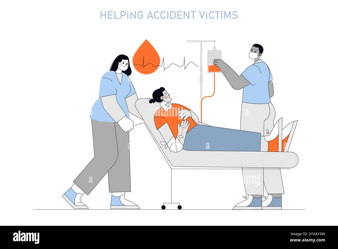 Concept de journée du donneur de sang. Les professionnels de la santé assistent un donneur souriant lors d’un don de sang. Soins vitaux pour les victimes d'accidents. Illustration vectorielle. Illustration de Vecteur