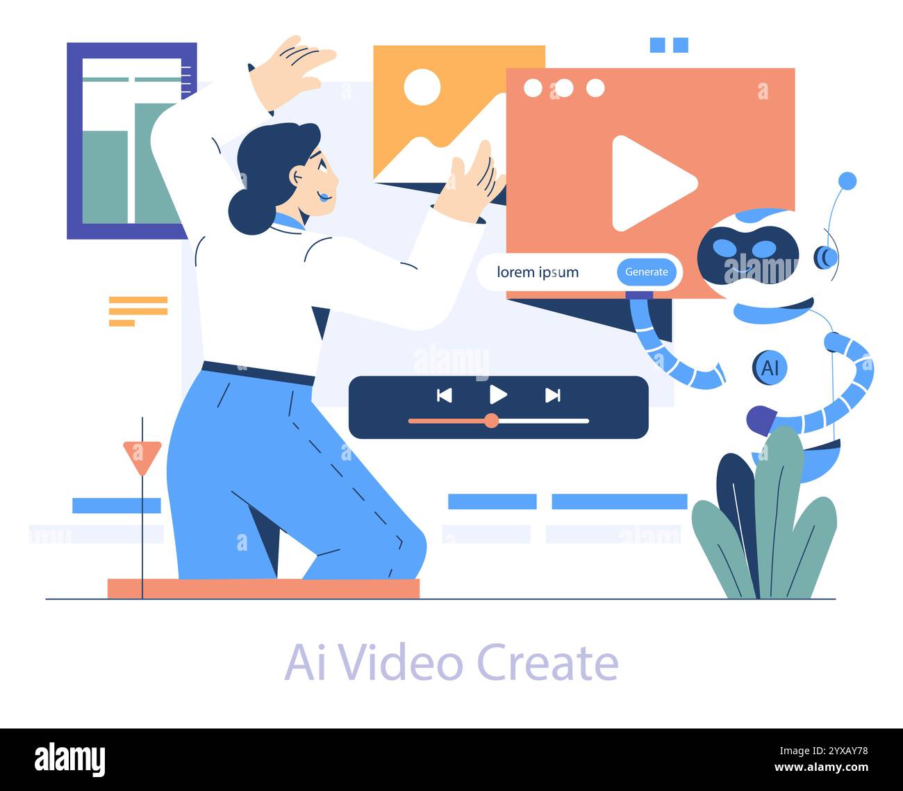 Concept de création vidéo AI. L'enthousiaste interagit avec le robot IA pour éditer et générer du contenu. Montage numérique, processus créatif et innovation technologique. Illustration vectorielle. Illustration de Vecteur