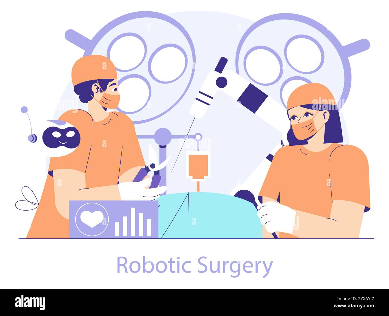 Concept Healthtech. Chirurgiens avec équipement robotique avancé pratiquant la chirurgie. Médecine de précision et innovation futuriste dans le domaine de la santé. Illustration vectorielle. Illustration de Vecteur