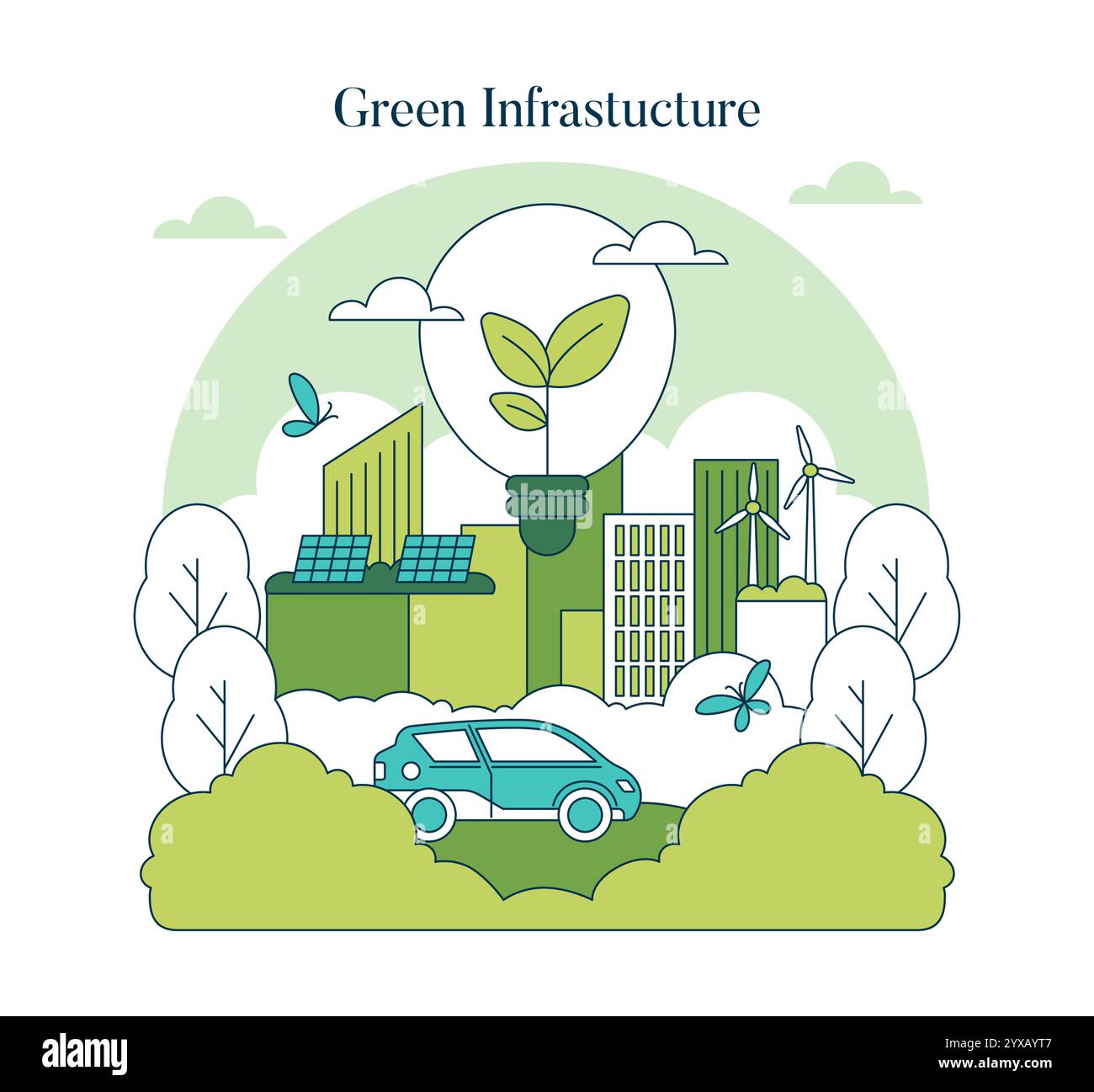 Concept d'infrastructure verte. Paysage urbain durable avec des sources d'énergie renouvelables et des transports écologiques intégrés. Durabilité urbaine et écologie. Illustration vectorielle. Illustration de Vecteur