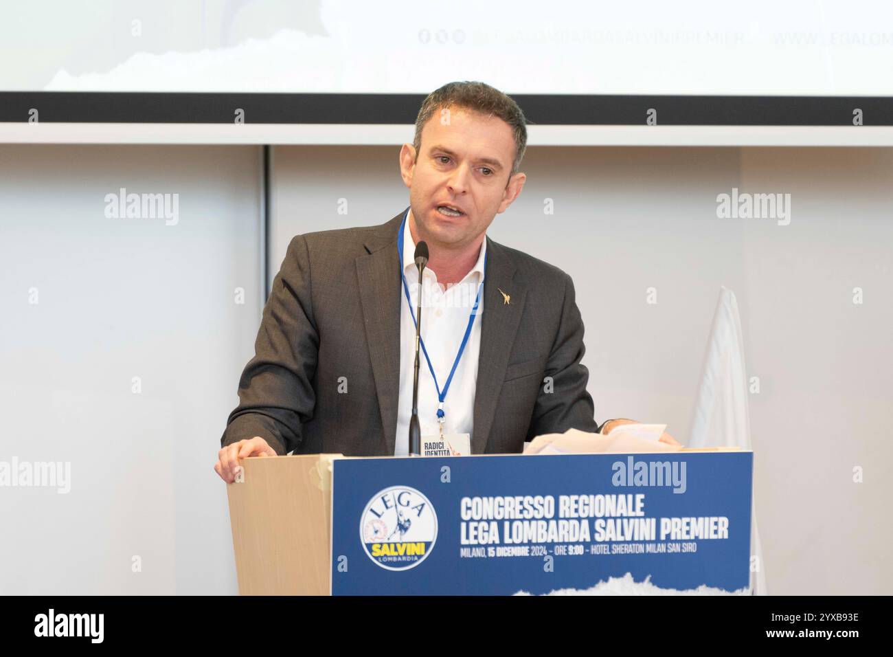 Milan, Italie. 15 décembre 2024. Fabrizio Cecchetti durante il suo intervento al Congresso regionale Lega Lombarda Slvini premier, 15 dicembre 2024 crédit : LaPresse/Alamy Live News Banque D'Images